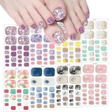 8 Semi Cured Gel Toenail Wraps - Glitter Toe Nail Stickers, Self Adhesive Design Nail Strips for Women's DIY Manicure