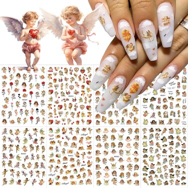8 Sheets Angel Nail Art Stickers 3D Self Adhesive Cupid Nail Stickers Rose Flower Heart Angel Wings Design Love Nail Decals Angel Nail Charms for Women Girls Acrylic Manicure Salon Decoration Kits