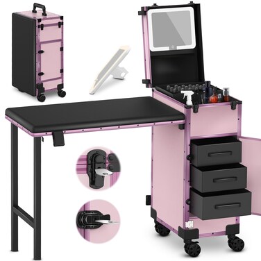 EASYINBEAUTY Rolling Portable Manicure Table with 3 Drawers, Mirror &amp; Nail Polish Organizer, Lockable Makeup Train Case with Foldable Nail Desk, Cosmetic Travel Case for Workstation Mobile, Nail tech