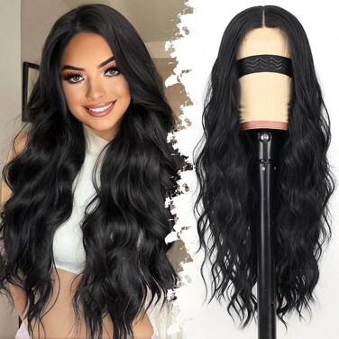 Black Wig for Women Long Wavy 4x1 Lace Natural Hairline Glueless for Beginners Middle Part Synthetic for Daily Party Use 26Inch