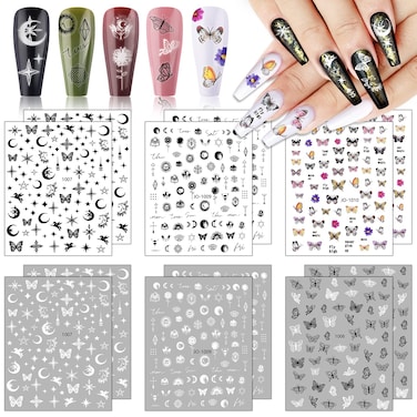EBANKU 12 Sheets Butterfly Nail Art Stickers Decals, Star Moon Self-Adhesive Nail Decals French Design Nail Art Stickers Supplies for Woman Girl