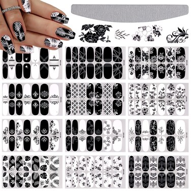 EBANKU 12 Sheets Black White Nail Polish Strips, Full Wrap Adhesive Nail Polish Stickers with 1 Nail File, Leaves Flower Vine Pattern Nail Wrap Stickers for Women Nail Art Decorations