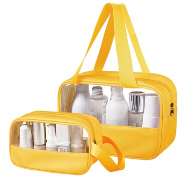 Clear Makeup Bag, 2 Pcs of Cosmetic Bags Set, Transparent PVC Travel Makeup Pouch, Waterproof Cute Toiletry Bag for Women (Yellow)