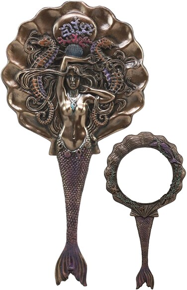 Ebros Gift Nautical Princess Celestia Sirens of The Seas Queen Mermaid with Seahorses Hand Mirror Figurine 11.5" Tall Faux Bronze Art Nouveau Mermaids Vanity Handheld Mirrors