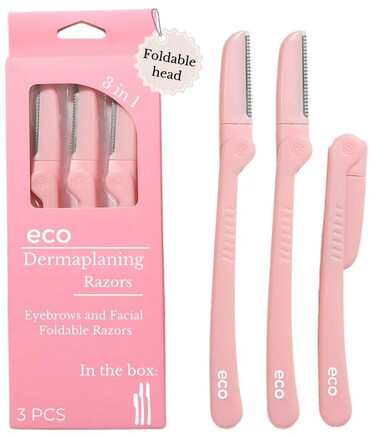 Dermaplaning Tool - Foldable Facial Razor for Women and Men, (3ct)   Womens Facial Peach Fuzz Remover &amp; Eyebrow Trimmer, Dermaplaning Razor, Face Razors for Women, 3 pc (Pink)