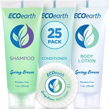 EcoEarth Hotel Toiletries Bundle (Spring Breeze, 1 oz Each, 100 Pieces) 4-Piece Set: 25 Round Bar Soap, 25 Shampoo, 25 Conditioner &amp; 25 Body Lotion - Bulk Mini Guest Amenities