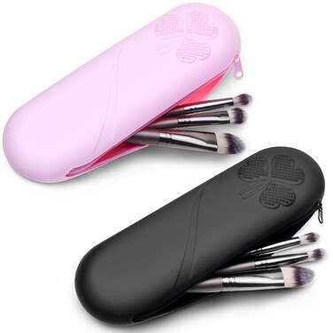 Eco-Fused Travel Makeup Brush Holder with Zipper, 2 Pack, Silicon Trendy and Portable Cosmetic Face Brushes Holder, Soft and Sleek Makeup Tools Organizer for Travel (Pink &amp; Black)