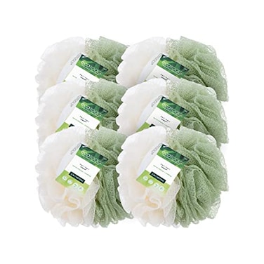 EcoTools Green 2-in-1 EcoPouf, Dual-Sided Shower Loofah Exfoliates &amp; Cleanses Skin, Made of Recycled Netting, Removes Dead Skin, Eco-Friendly Bath Accessory, Cruelty-Free, 6 Count (60g)