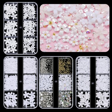 3D Colorful Flower Nail Art Charms, White Pink Acrylic Cherry Blossom Spring Petal Metal Gold Silver Round Caviar Beads Studs Pearl Rhinestones for Manicure Craft DIY (1-K1-white)