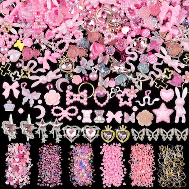 620pcs Mixed 3D Nail Charms Kit, 12pcs Luxury Metal Nail Rhinestones and 250pcs Resin Butterfly Flower Star Heart Bow Charms with 400pcs Flatback Pearls Rhinestone Metal Gems Charms (Pink)