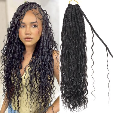 Goddess Box Braids Crochet Hair 24 Inch 7 Packs Boho Braids for Women Pre Looped Crochet Box Hair with Curly Ends, 1B