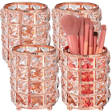 Eersida 4 Packs Crystal Makeup Brush Holder Rose Gold Organizer Bling Cosmetics Cup Handcrafted Pen Pencil Holder Storage