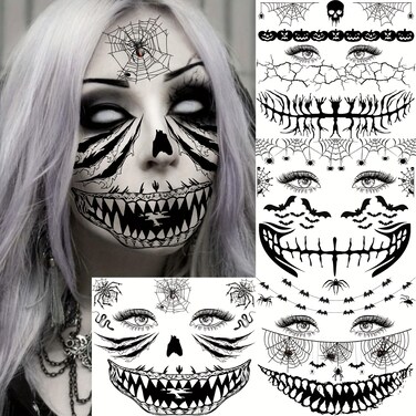 4 Sheets Scary Halloween Face Temporary Tattoos For Women Men, 3D Witch Zombie Makeup Kit For Kids Girls Boys Adults, Dia de los muertos Day of the Dead Makeup Face Tattoos Spider Web Bat Scar