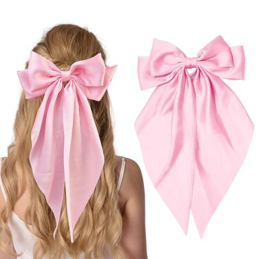 Silky Satin Hair Bows for Women Big Pink Bow Hair Clips for Girls Large Hair Barrettes Cute with Long Tails Party Hair Accessories for Thick &amp; Thin Hair（pink）