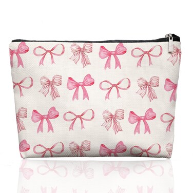 Pink Preppy Coquette Bow Makeup Bag Make Up Bag, Preppy Cosmetic Bags for Women, Preppy Coquette Gifts for Women Teen Girls,Dorm Room Essentials for Girls