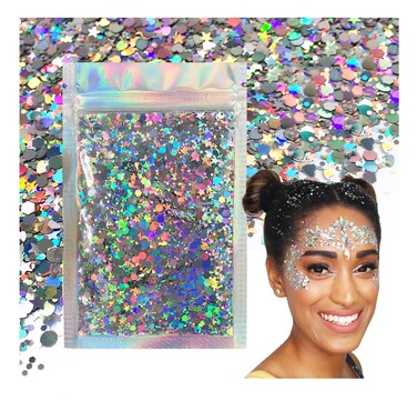 Holographic Silver - Electric Bliss Beauty - Chunky Biodegradable Glitter for Festivals, Crafts, Cosmetics - Eco Friendly Body Glitter for Hair, Nails, Face &amp; More (Holo Silver)