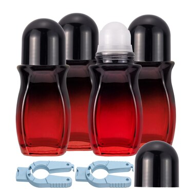 Ellbest 4Pcs Rollerball Bottles Set 50ml Gradient Red Glass Deodorant Roller Bottle with Plastic Roller Ball and 2Pcs Opener Perfume Roll On Bottles Deodorant Containers for Essential Oils (Black Lid)