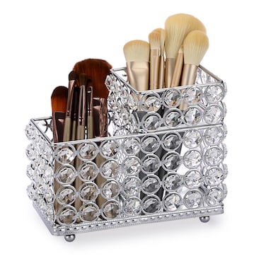ELLDOO Crystal Makeup Brush Holder, 2 Slot Cosmetic Organizer Storage Center, Eyeliners Eyebrow Pen Pencil Holder, Gorgeous Decor Display Case for Dresser Bathroom Office, Silver