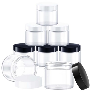 8 Pcs 2 OZ Plastic Jars with White and Black Lids, Elumeiro Clear Cosmetic Travel Size Container Small Round Cream Jar Refillable for Scrubs, Lotion, Powder, ointment, Makeup, Food Storage