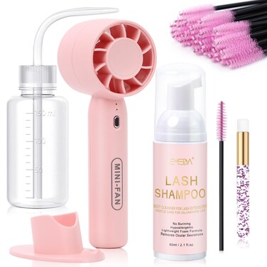 EMEDA Lash Shampoo Kit 2.02 fl oz Lash Cleaning Kit with Rechargeable Fan Dryer/Brush/Rinse Bottle, Oil-free Cleanser Wash for Extensions &amp; Clusters &amp; Natural Eyelashes, Cleaner for Eyelash Care