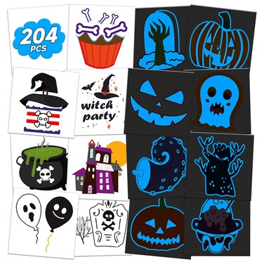 EMOME 204 Sheets Glows Halloween Tattoos, Individually wrapped Temporary Tattoos for Kids Halloween Party Favors Games, Blue Face Tattoos for Halloween Goodie Candy Treat Bags