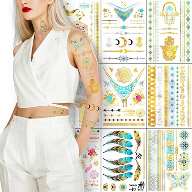 EMOME 10 Sheets Henna Tattoo Glitter Tattoos for Women Girls, Mandalas, Elephants Flash Metallic Tattoos Temporary Adult, Realistic Silver Fake Tattoo Stickers Body Art Decorations