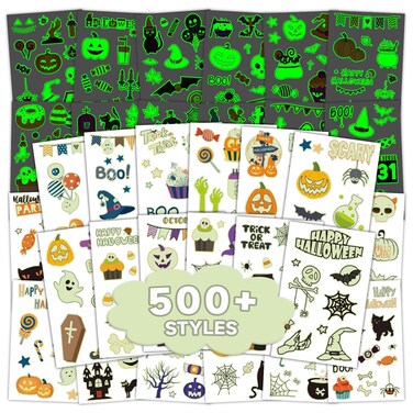 EMOME 500+ Styles Glow Halloween Tattoos for Kids Bulk, Cute Kids Temporary Tattoos Stickers, Halloween Treats Party Supplies Favors Decorations for Boys Girls (56 Sheets)