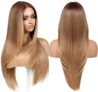 Wear and Go Glueless Honey Blonde Wig with Bangs Pre Plucked Pre Cut Layered HD Lace Front Synthetic Wigs for Women Blonde Ombre Wig Ready to Wear Middle Part 26 Inch
