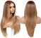 Wear and Go Glueless Honey Blonde Wig with Bangs Pre Plucked Pre Cut Layered HD Lace Front Synthetic Wigs for Women Blonde Ombre Wig Ready to Wear Middle Part 26 Inch