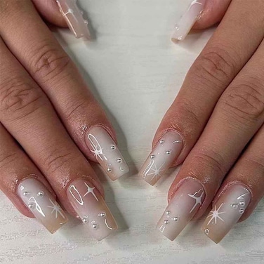 White Press on Nails Long Acrylic Nails Coffin Fake Nails with Pearls 24 PCS/Set