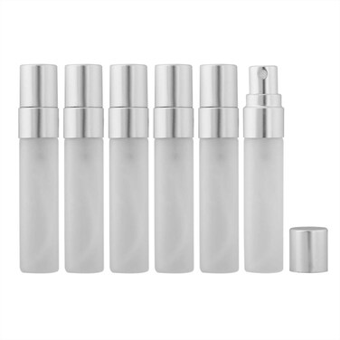 Enslz 10pcs Fine Mist 5ml Atomizer Clear Frosted Glass Bottle Vial Spray Refillable Liquid Fragrance Perfume Empty Scent Bottle for Travel Makeup Party (Silver)