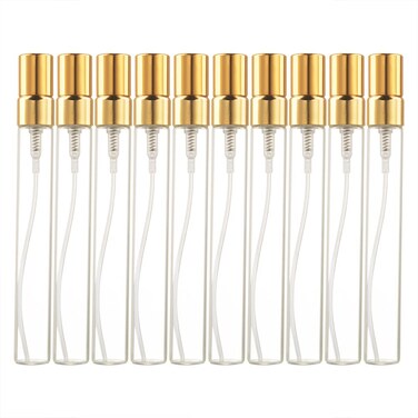 Enslz 10ml 10pcs Glass Spray Bottle Refillable Perfume Atomizer Mini Sample Test Bottle Thin Glass Vials (Gold)