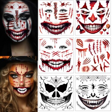 5 Sheets Halloween Scary Face Tattoos+1 Sheet Fake Scars Stitches Tattoo,Bloody Mouth Tattoo,Halloween Zombie Make Up,Fake Wounds,Halloween Prank Makeup Temporary Tattoo (A)