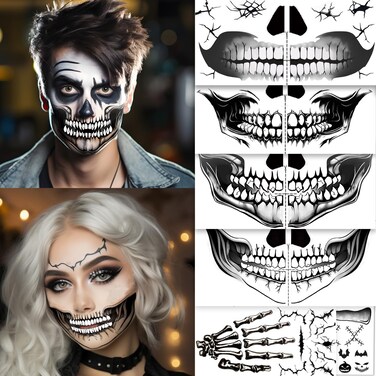 skeleton mouth tattoo,devil face tattoo,halloween spider web face stickers,halloween make up adults,face tattoos for men and women,horror make up,scary face tattoos (B)
