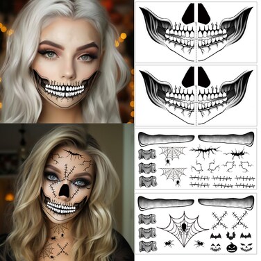 skeleton mouth tattoo,devil face tattoo,halloween spider web face stickers,halloween make up adults,face tattoos for men and women,horror make up,scary face tattoos (A)
