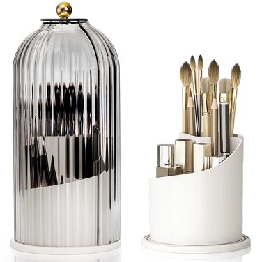 Makeup Brush Holder Organizer with Lids, 360&deg;Rotating Clear Dustproof Make Up Brush Container Box, Vanity Spinning Cosmetic Tools Storage Cup for Desktop Office Bathroom Countertop