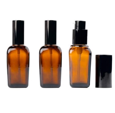 Erioctry 3PCS Empty Refillable Square Amber Glass Cream Lotion Pump Press Bottles Cosmetic Storage Container Vial Jars Holder Pot For Makeup Lotion Emulsion Essential Oil Dispenser 20ml/0.7oz