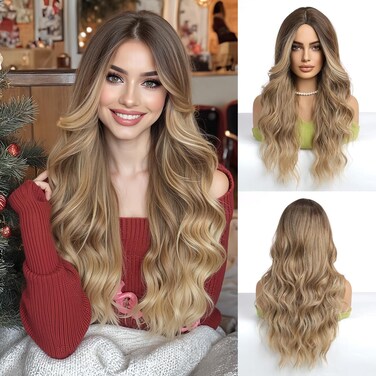 Esmee Long Wavy Ombre Dark Blonde for Women with Middle Part Curly Wavy Wig Natural Looking Synthetic Heat Resistant Fiber Wig for Daily Party Use 26 Inch（Light Brown）