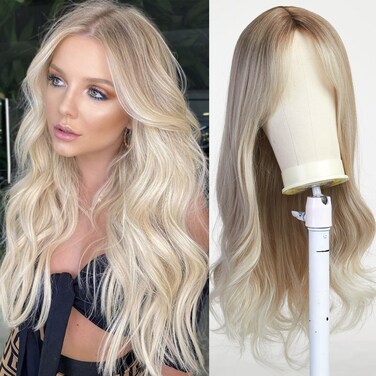Esmee Long Curly Blonde Wig for Women Synthetic Hair with Bangs Wave Wigs with Dark Roots Daily Cosplay High Density Heat Resistant Use-26Inches&hellip;