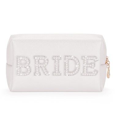 Etercycle Bride Letter Makeup Bag, Bride To Be Gifts Bling Pearl Rhinestone Patch Cosmetic Bag, Waterproof PU Travel Toiletry Bag for Bachelorette Party Women Wedding Bridal (Silver)