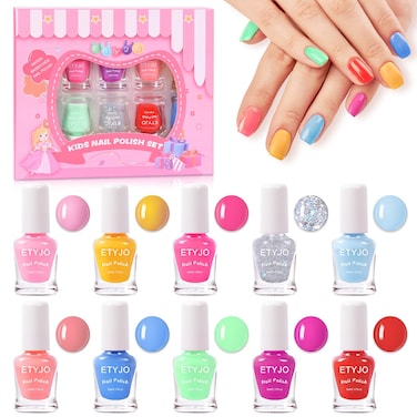 Kids Nail Polish Non-Toxic Nail Polish Set for Girls 10 rainbow Colors Water Based Peel Off Quick Dry Nail Polish Kit for Age 3+ Toddler Teen Birthday Gift