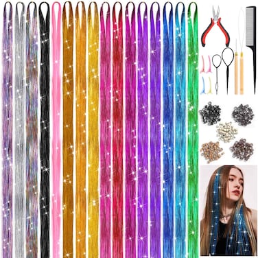 Hair Tinsel Kit with Tools,48 Inch,16 Colors, 3200 strands Sparkly Glitter Strands Tinsel Hair Extensions, Heat Resistant Fairy Hair Tinsel Kit for Women Girls Kids Daily Parties Festival