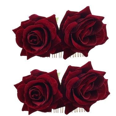 Ever Fairy Rose Flower Hair Clip Comb Slide Flamenco Dancer Pin Flower Brooch Lady Hair Styling Clip Hair Accessories (2 Color Pack:Deep Red)
