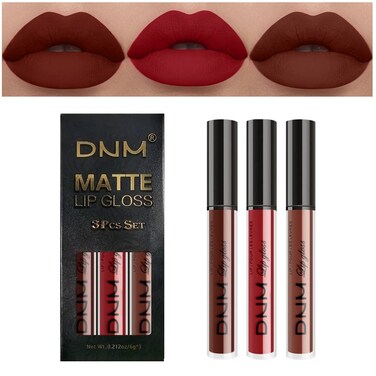 DNM 3Pcs Matte 24-hour Liquid Lipstick Sets, Dark Ruby Brown Red Permanent Stay on Lipstick Lip Set for Black Women Long Lasting 24 Hours Smudge Proof labiales matte labial mate larga duracion 24 02