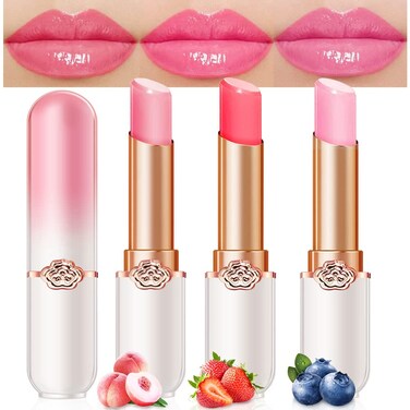 evpct 3Pcs Peach Strawberry Blueberry Tinted Lip Balms PH Lip Color Changing Lipstick Stain Gift Set Queen for Women Girls Korean Mood Long Lasting Color Change Light Pink Lipstick Lip Tint Gloss