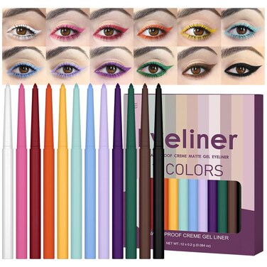 12Pcs Colored Gel Glitter Eyeliner Pencils Set Dark Light Emerald Green Sky Royal Blue Black White Pink Purple Brown Gold Eyeliner Pencils Eye Liner Liquid Liner Waterproof Smudge Proof delineadores