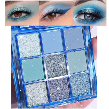 evpct 9 Colors Dark Light Royal Cobalt Blue Pearl White Glitter Shimmer Eye Shadow Makeup Palette Highly Pigmented Waterproof Blue Matte Metallic Shimmery Daily Party Sparkling Eyeshadow Palett