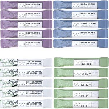 GO Essentials - Men and Women Travel Kit that contains Travel Size Shampoo and Conditioner Set, Mouthwash, Body Wash, and Travel Size Body Lotion Bulk Travel Size Toiletries, Guest and Hotel Supplies