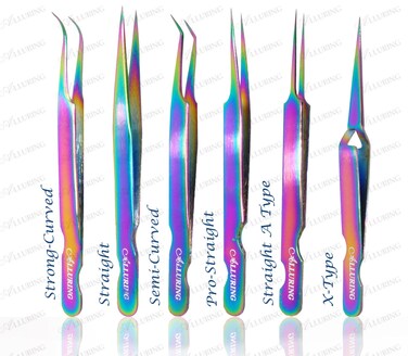 Alluring Rainbow Multi-Color Tweezers for Eyelash Extension (Straight &amp; Strong Curved)