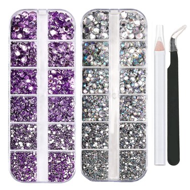 5320 Pieces Flat Back Gems Round Crystal Rhinestones 6 Sizes (1.5-6 mm) with Pick Up Tweezer and Rhinestones Picking Pen for Crafts Nail Face Art Clothes Shoes Bags DIY (Clear AB+Purple)